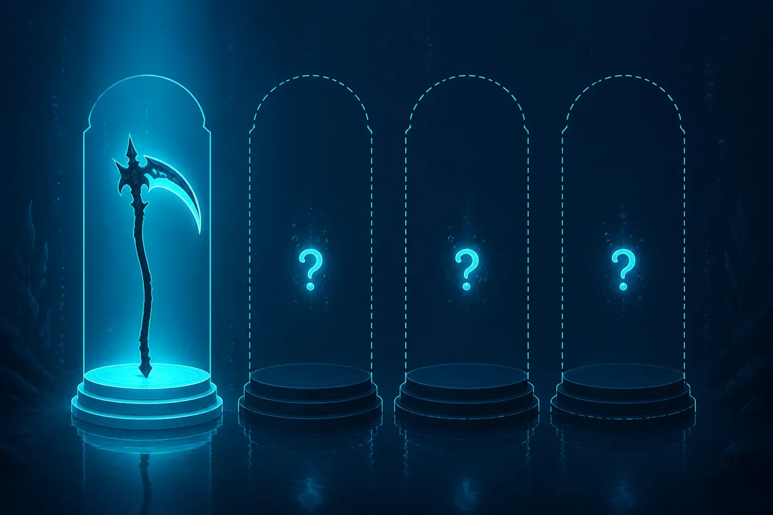 Four pedestals in a row. The first is lit in cyan with a scythe standing on it; the other three are dark, outlined in dashes, each holding a glowing question mark.