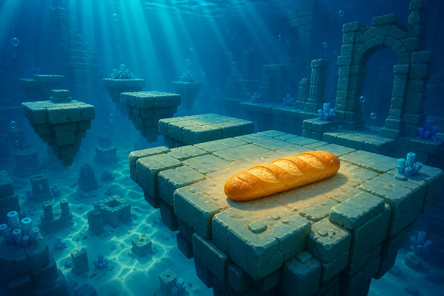 An underwater ruin of stone platforms rising out of deep blue water, with a golden loaf of bread resting on the nearest one